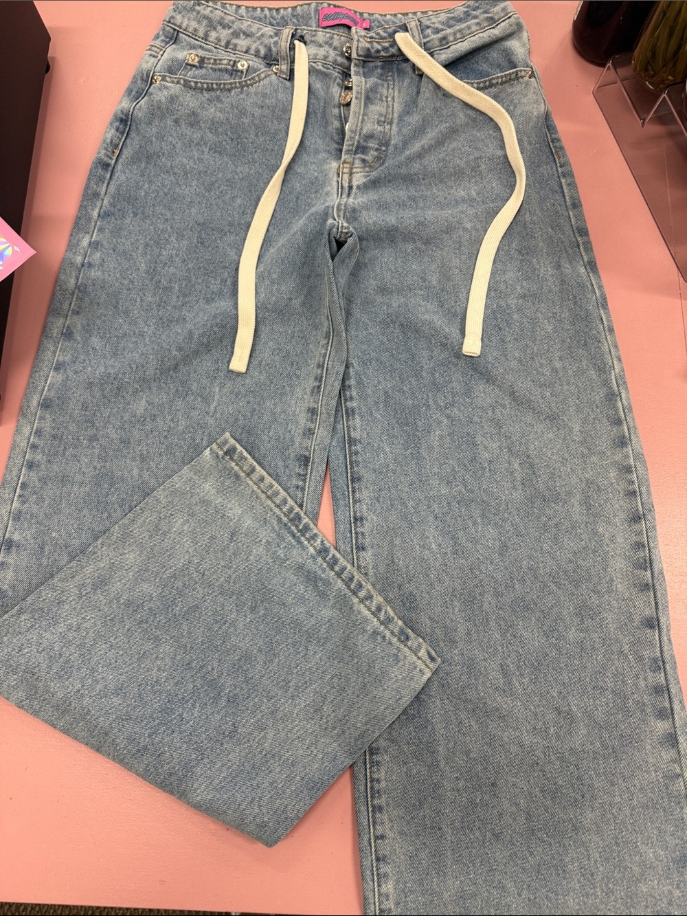 Edikted Light Blue Wide Leg Jeans with Drawstring